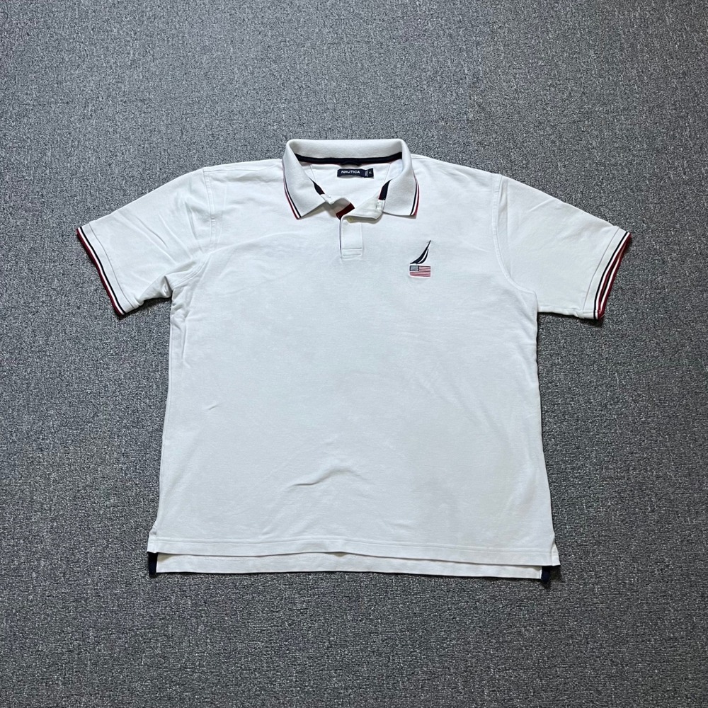 Nautica Polo Shirt XL White Short Sleeve US1983 Sea Sail Graphic Pique
